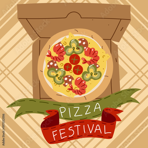 Flat illustration of italian pizza with shrimps and tomatoes in a delivery box for Pizza Festival. Seafood food event celebration greeting card or restaurant menu design on beige background