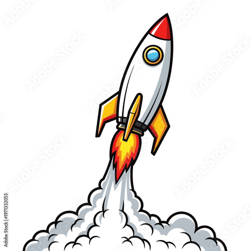 Cartoon Rocket Launching into Space with Fiery Exhaust and Clouds
