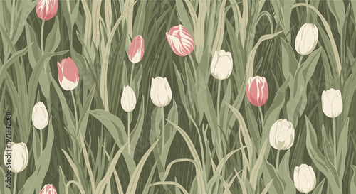 Vintage style seamless floral pattern featuring pink and white tulips growing in a dense field of tall green grass for a natural spring look.