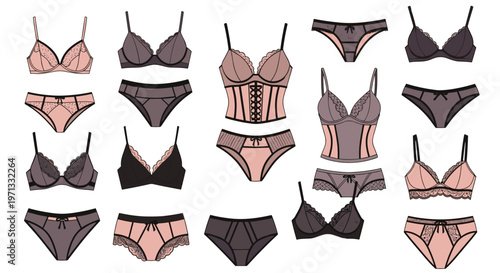 Collection of women's lingerie sets including various styles of bras, panties, and corsets in shades of dusty pink, black, and grey.