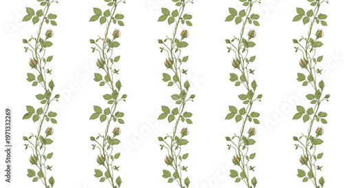 Delicate seamless pattern featuring vertical rows of climbing rose vines with green leaves and small pink flower buds.