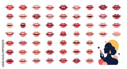 Large collection of female lips in various shades of pink and red lipstick next to a silhouette of a woman applying it.