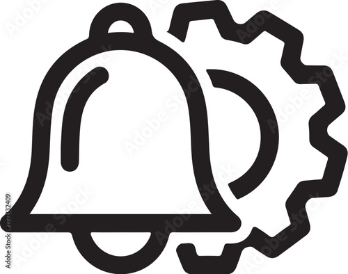 Notification bell icon, gear settings symbol, customizable alert sign, black line style