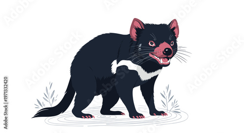 Expressive illustration of a Tasmanian devil standing on a white background with a slightly open mouth showing its teeth.