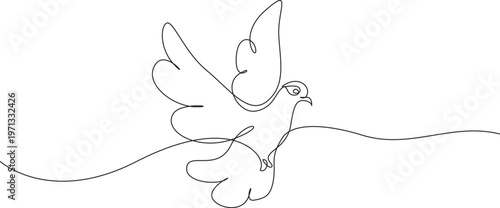 Minimalist single continuous line of a flying mourning dove, black ink stroke silhouette on a plain white background
