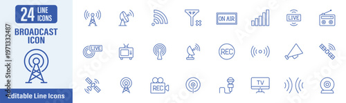 Broadcast line icon. Contains icons as live, streaming, media, broadcasting, tv, satellite, radio and more. Vector illustration.
