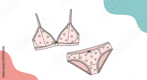 Cute pink lingerie set including a matching bra and panties with a romantic heart pattern for a feminine theme.