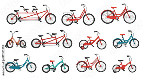 Comprehensive collection of various bicycle types including tandem bikes, cruiser bikes, and children's cycles in red, blue, and teal colors.