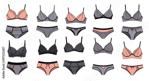 Collection of various women's underwear styles including different types of bras and panties in grey and pink colors.