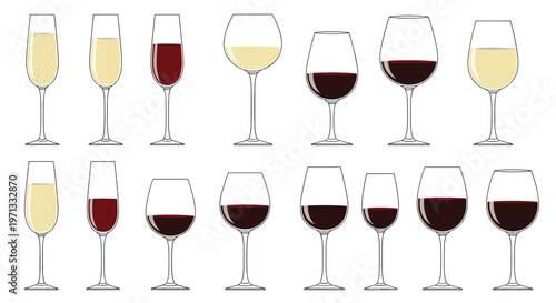 Large collection of diverse wine glass shapes filled with different levels of red, white, and sparkling wine, arranged in two neat rows.