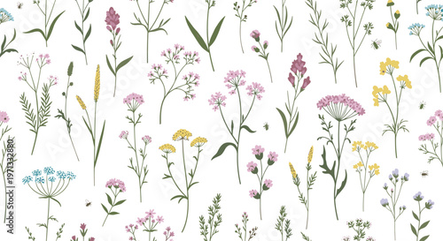 Seamless pattern featuring a delicate collection of hand drawn wildflowers and herbs in pastel pink, yellow, and blue hues on white.
