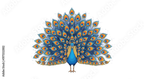 Beautiful illustration of a male peacock with its magnificent colorful tail feathers fully spread out on a white background.