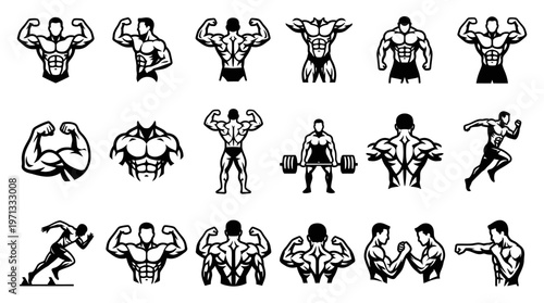 Fitness and Bodybuilding Men Poses Vector Line Art Icons Set - Gym and Athlete Glyph Illustrations