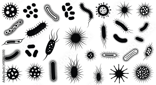 Black and white illustration set of various microscopic organisms such as bacteria viruses and germs in different shapes.