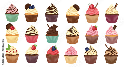 Large set of eighteen delicious cupcakes with various colorful frostings and toppings like berries or chocolate in a cute cartoon style.