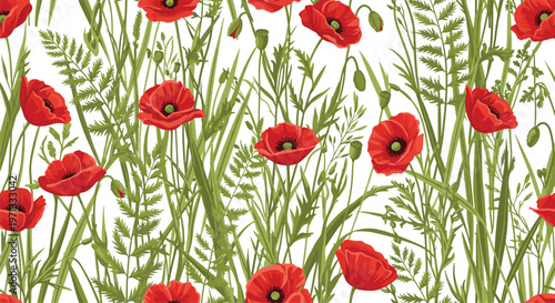 Vibrant seamless pattern of bright red poppy flowers blooming among tall green wild grass, creating a beautiful and natural meadow scene.