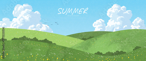 Summer landscape with green hills and meadow under blue sky with fluffy white clouds in flat grainy style for nature background, vector illustration