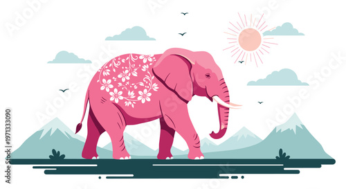 Stylized pink elephant with white floral patterns on its back, walking across a scenic landscape with mountains, birds, and a setting sun.