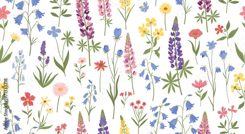 Colorful seamless pattern of diverse wildflowers including lupines, bellflowers, and daisies on a clean white background.