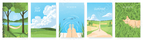Set of vertical banner designs for the summer season in a flat grainy style, featuring human legs submerged in water, a sleeping cat in the grass, and beautiful scenic views of a summer landscape