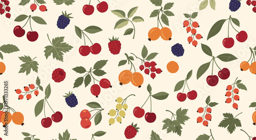 Delicious seamless pattern featuring a variety of forest berries including cherries, raspberries, blackberries, and currants with leaves.