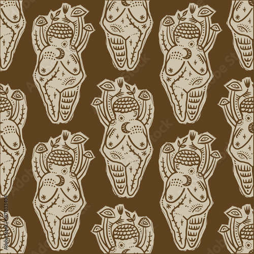 Venus of Willendorf Seamless Pattern Minimalist Folk Vector Art Paleolithic Goddess Ornament Clipart