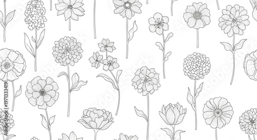 Black and white seamless pattern featuring delicate line art illustrations of various garden flowers on a white background.