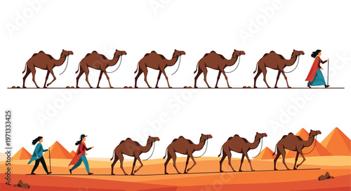 Detailed illustration of two camel caravans led by people trekking through a sandy desert landscape featuring distant pyramids.