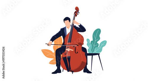 Talented male musician passionately playing a large double bass sitting in front of abstract leaf shapes on a white background.
