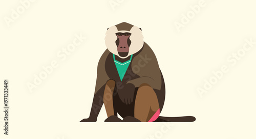 Flat vector illustration of a baboon sitting down with a colorful face and fur detail against a light yellow background.