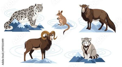 Collection of various wild animals from mountain regions including a snow leopard manul sheep and ram on snowy peaks.