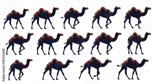 Sequence of illustrations showing the different phases of a camel walking across a plain white background for animation.