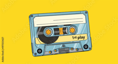 Retro blue cassette tape illustration with a white label and the text 1st play against a vibrant yellow background.