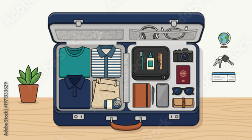 A suitcase packed with clothes and travel accessories on a wooden table indoors.