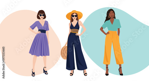 Fashion illustration showcasing three diverse women wearing stylish summer outfits like a purple dress, jumpsuit, and yellow pants.