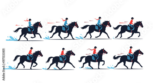 Sequence of illustrations showing various stages of a person riding a black horse at a gallop for animation purposes.