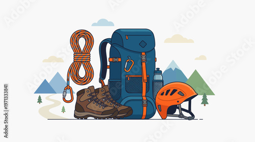 Hiking gear laid out in a scenic mountain landscape with backpack and accessories