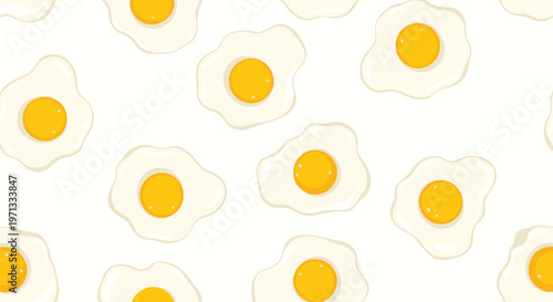 Playful and whimsical seamless pattern featuring delicious sunny side up fried eggs with vibrant yellow yolks on a white background.