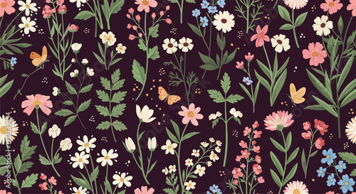 Enchanting seamless pattern of vibrant wildflowers, daisies, and delicate butterflies on a deep dark purple background.