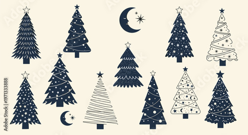 Festive collection of stylized Christmas trees in dark blue and white patterns accompanied by crescent moons and stars.