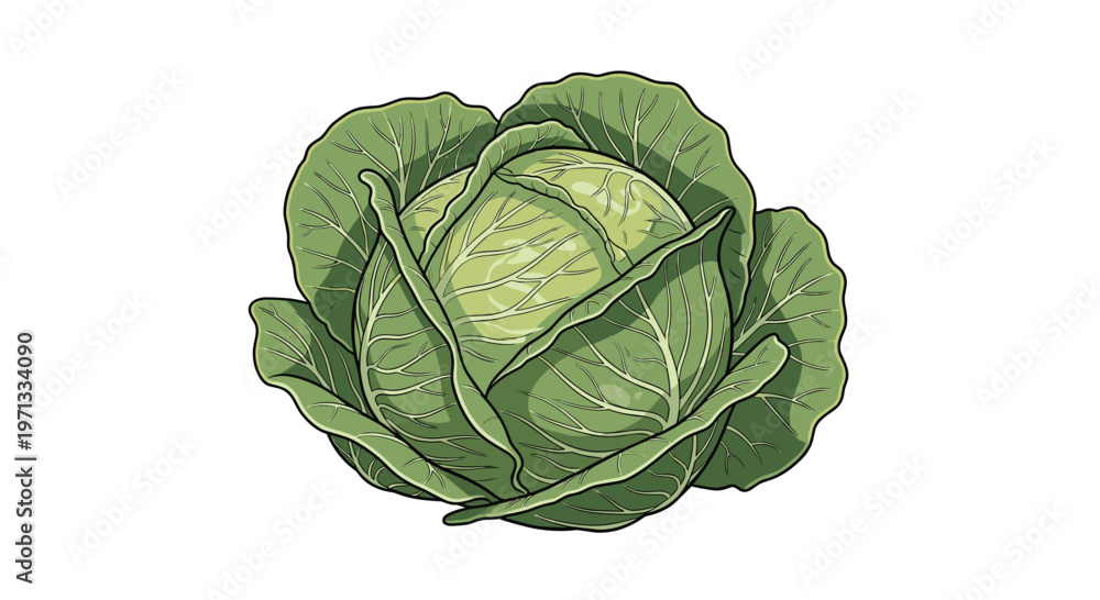Fototapeta premium Detailed color illustration of a fresh green cabbage head with many layers of leaves on a plain white background.
