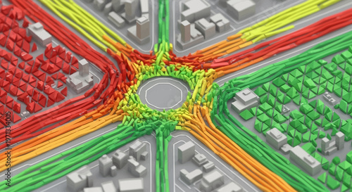 A dynamic visualization of traffic flow through a complex urban roundabout, illustrating congestion levels with color-coded streams.