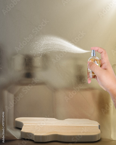 A natural light-colored wooden slab or podium placed at the bottom, ideal for product placement. A hand is shown in the upper right corner pressing a perfume bottle, releasing a fine white mist or spr
