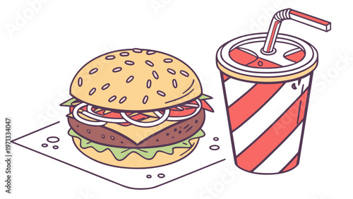 Hamburger and soda drink in simple flat style composition for fast food meal concept isolated on light background