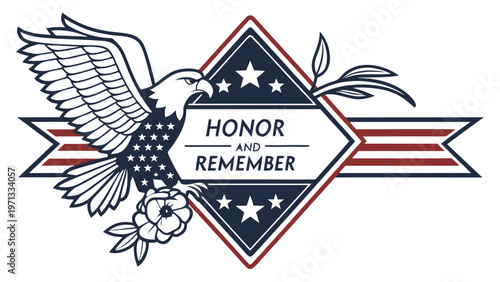 Memorial day badge with eagle wings stars and ribbon honoring remembrance and patriotism in vintage style vector design