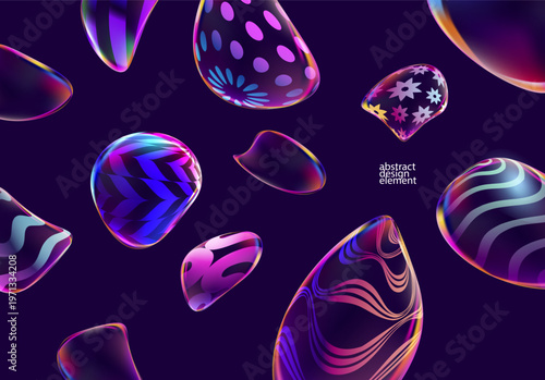 3D Iridescent glass bubbles . Abstract background of decoration fluid shapes . Liquid glass wallpaper.