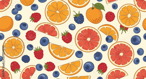 Refreshing seamless pattern featuring a variety of citrus slices like oranges and grapefruits mixed with fresh berries.