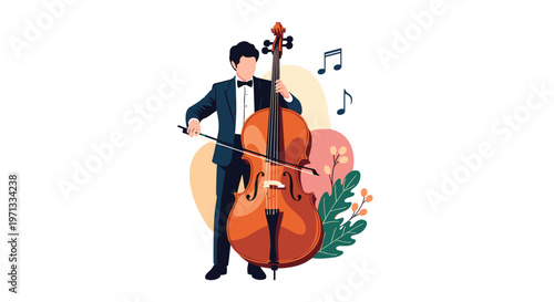 Professional male musician wearing a formal suit while playing a large double bass with musical notes and abstract shapes in the background.