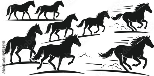 Set of Running and Galloping Horse Silhouettes in Various Dynamic Poses and Action Movements for Equestrian Sports Logo Design, Wild Animal Branding, Farm Illustrations, and Ranch Graphics