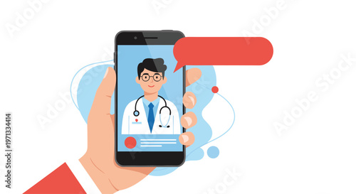 Modern telemedicine concept featuring a hand holding a smartphone showing a male doctor on a video call for a remote health consultation.